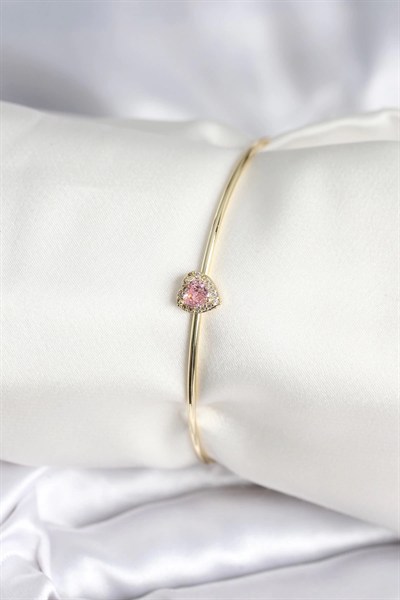Mey İthalat® Pembe Zirkon Taşlı Kalp Model Gold Renk Kadın Bileklik