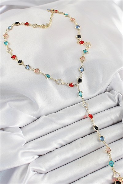 Mey İthalat® Pirinç Asorti Model Gold Renk Zirkon Taşlı Y Kolye