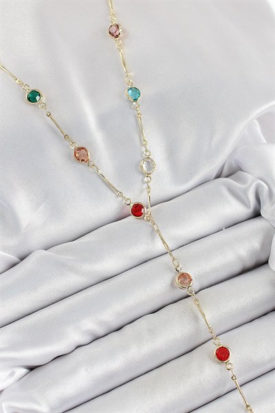 Mey İthalat® Pirinç Asorti Model Gold Renk Zirkon Taşlı Y Kolye