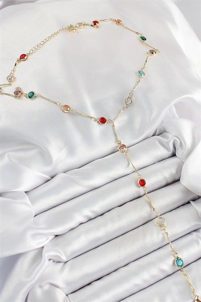 Mey İthalat® Pirinç Asorti Model Gold Renk Zirkon Taşlı Y Kolye