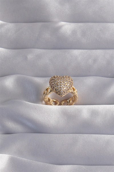 Mey İthalat® Pirinç Ayarlamalı Gold Renk Zirkon Taşlı Bombeli Kalp Yüzük