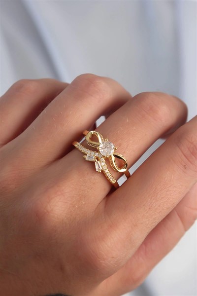 Mey İthalat® Pirinç Ayarlamalı Gold Renk Zirkon Taşlı 2li Görünüm Fiyonk Yüzük