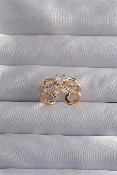 Mey İthalat® Pirinç Ayarlamalı Gold Renk Zirkon Taşlı 2li Görünüm Fiyonk Yüzük