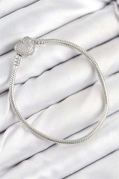 Mey İthalat® Pirinç Charm Zirkon Taşlı Kalp Model Gümüş Renk Kadın Bileklik