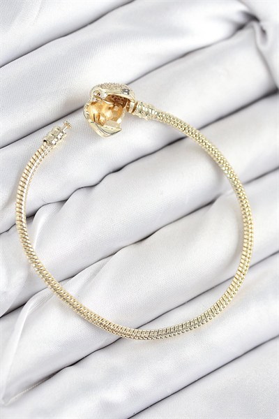 Mey İthalat® Pirinç Charm Zirkon Taşlı Kalp Model Gold Renk Kadın Bileklik