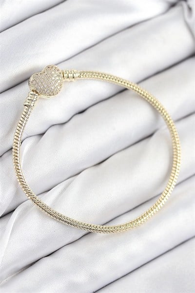 Mey İthalat® Pirinç Charm Zirkon Taşlı Kalp Model Gold Renk Kadın Bileklik