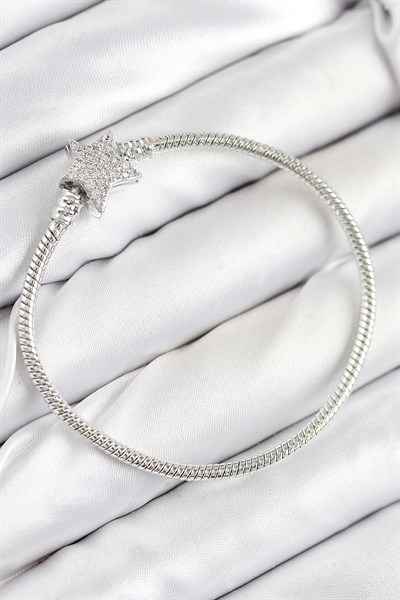 Mey İthalat® Pirinç Charm Zirkon Taşlı Yıldız Model Gümüş Renk Kadın Bileklik