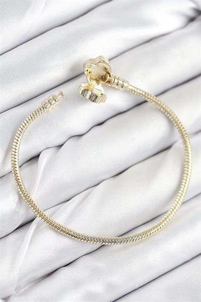 Mey İthalat® Pirinç Charm Zirkon Taşlı Yonca Model Gold Renk Kadın Bileklik