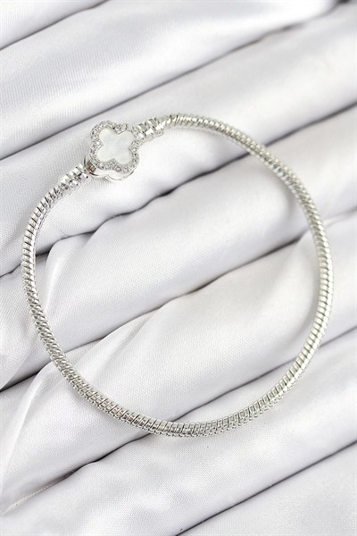 Mey İthalat® Pirinç Charm Zirkon Taşlı Yonca Model Gümüş Renk Kadın Bileklik