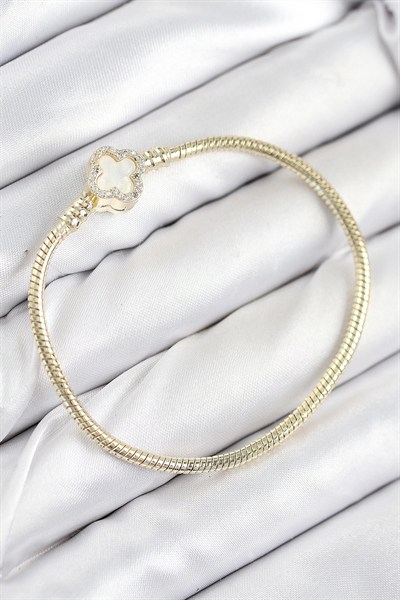 Mey İthalat® Pirinç Charm Zirkon Taşlı Yonca Model Gold Renk Kadın Bileklik