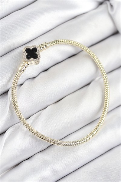 Mey İthalat® Pirinç Charm Zirkon Taşlı Yonca Model Gold Renk Kadın Bileklik