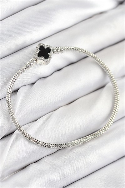 Mey İthalat® Pirinç Charm Zirkon Taşlı Yonca Model Gümüş Renk Kadın Bileklik