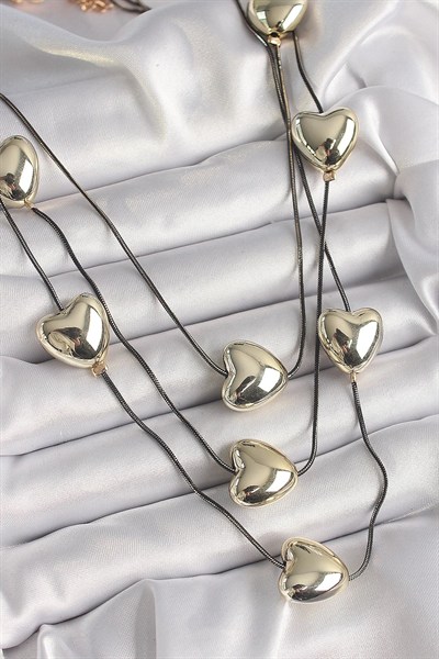 Mey İthalat® Pirinç Füme Renk Zincir 3D Gold Renk Kalp Model Kadın Kolye