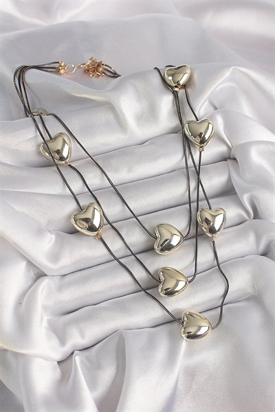 Mey İthalat® Pirinç Füme Renk Zincir 3D Gold Renk Kalp Model Kadın Kolye