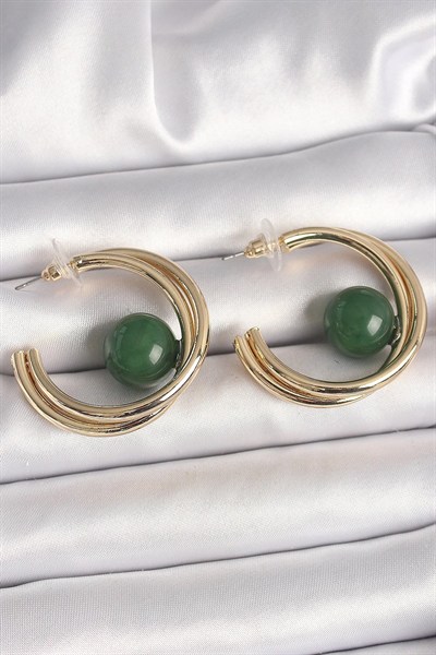 Mey İthalat® Pirinç Gold Renk Halka Model Yeşil Boncuk Detay Kadın Küpe