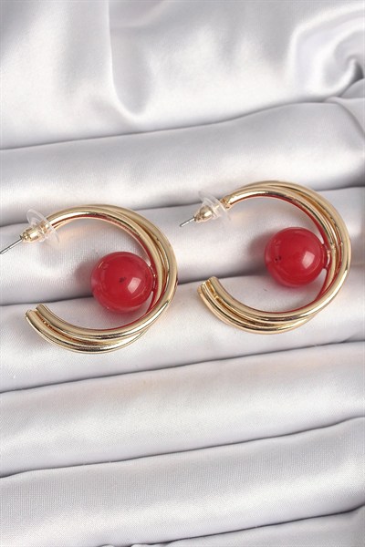 Mey İthalat® Pirinç Gold Renk Halka Model Kırmızı Boncuk Detay Kadın Küpe