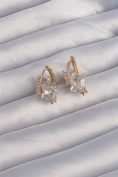 Mey İthalat® Pirinç Gold Renk İri Zirkon Taşlı Kıvrımlı Minimal Kelebekli Halka Küpe