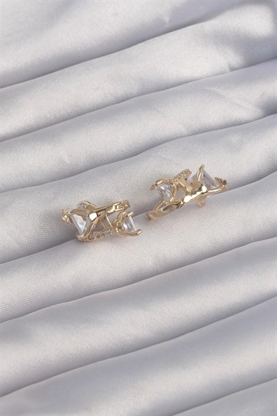 Mey İthalat® Pirinç Gold Renk İri Zirkon Taşlı Kıvrımlı Minimal Kelebekli Halka Küpe