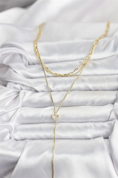 Mey İthalat® Pirinç Gold Renk Kalp Detaylı 3lü Kombin Y Kadın Kolye