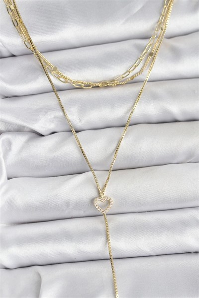 Mey İthalat® Pirinç Gold Renk Kalp Detaylı 3lü Kombin Y Kadın Kolye