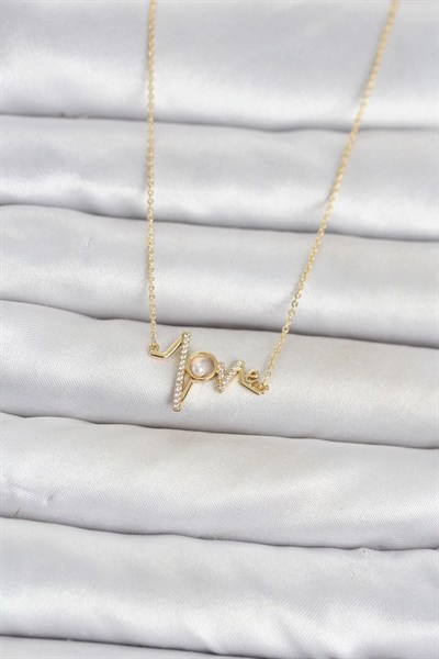 Mey İthalat® Pirinç Gold Renk Kalp Ritmi Model Kadın Kolye