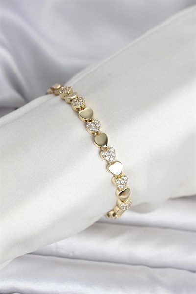 Mey İthalat® Pirinç Gold Renk Kalpli Model Kadın Bileklik