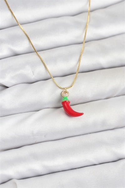 Mey İthalat® Pirinç Gold Renk Kırmızı Kapya Biber Model Kadın Kolye