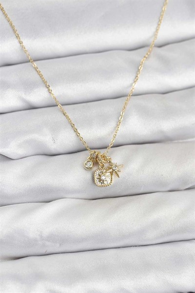 Mey İthalat® Pirinç Gold Renk Minimal Charmlı Kadın Kolye