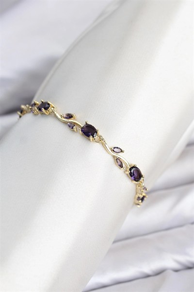 Mey İthalat® Pirinç Gold Renk Mor Zirkon Taşlı Çiçek Model Kadın Bileklik
