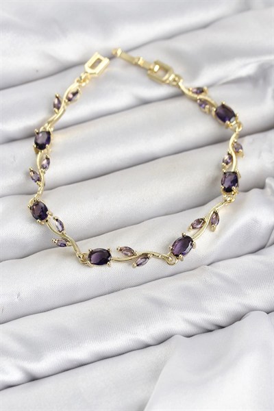 Mey İthalat® Pirinç Gold Renk Mor Zirkon Taşlı Çiçek Model Kadın Bileklik