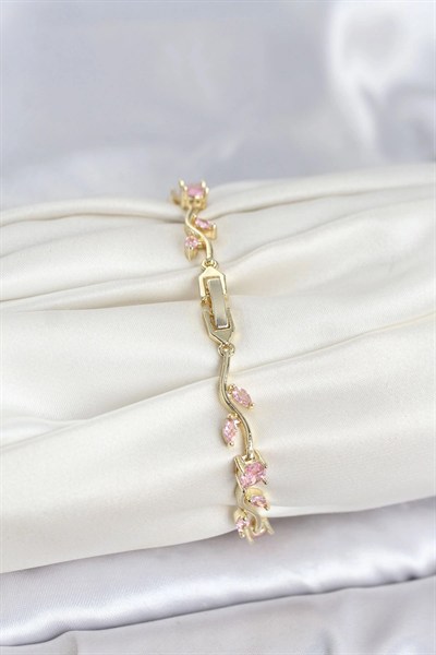 Mey İthalat® Pirinç Gold Renk Pembe Zirkon Taşlı Çiçek Model Kadın Bileklik