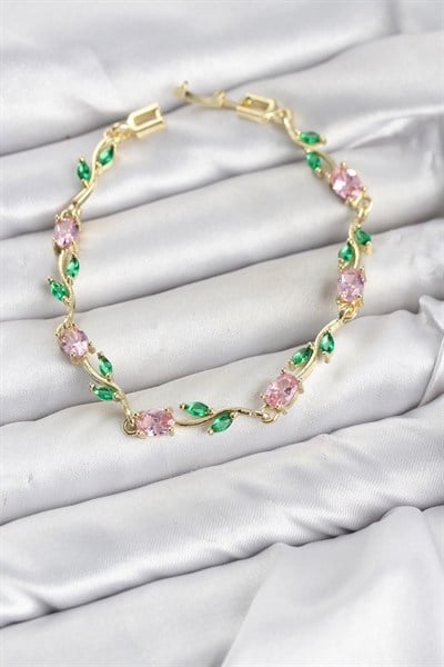 Mey İthalat® Pirinç Gold Renk Pembe Zirkon Taşlı Çiçek Model Kadın Bileklik