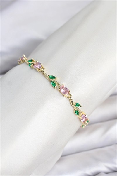 Mey İthalat® Pirinç Gold Renk Pembe Zirkon Taşlı Çiçek Model Kadın Bileklik