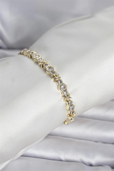 Mey İthalat® Pirinç Gold Renk Petek Model Zirkon Taşlı Kadın Bileklik