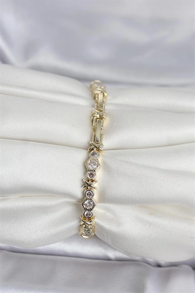 Mey İthalat® Pirinç Gold Renk Petek Model Zirkon Taşlı Kadın Bileklik