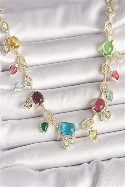 Mey İthalat® Pirinç Gold Renk Renli Zirkon Taşlı VIP Seri Kadın Kolye