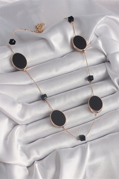 Mey İthalat® Pirinç Gold Renk Siyah Renk Oval Siyah Küp Detay Kadın Kolye