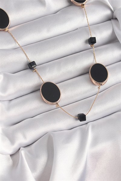 Mey İthalat® Pirinç Gold Renk Siyah Renk Oval Siyah Küp Detay Kadın Kolye