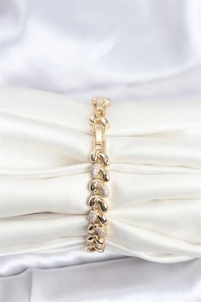 Mey İthalat® Pirinç Gold Renk VIP Seri Sarmal Damla Model Zirkon Taşlı Kadın Bileklik