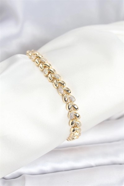 Mey İthalat® Pirinç Gold Renk VIP Seri Sarmal Damla Model Zirkon Taşlı Kadın Bileklik