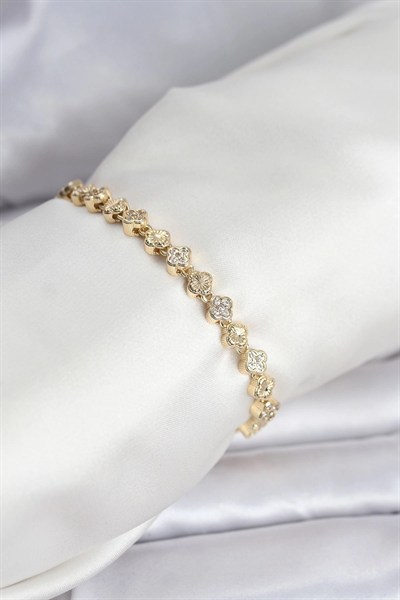 Mey İthalat® Pirinç Gold Renk VIP Seri Sıralı Yonca Model Zirkon Taşlı Kadın Bileklik