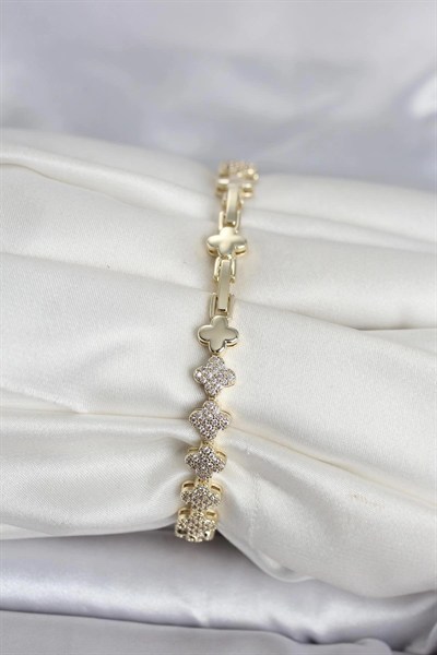 Mey İthalat® Pirinç Gold Renk Yonca Model Sıralı Zirkon Taşlı Kadın Bileklik