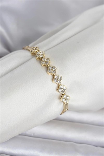 Mey İthalat® Pirinç Gold Renk Yonca Model Zirkon Taşlı Kadın Bileklik