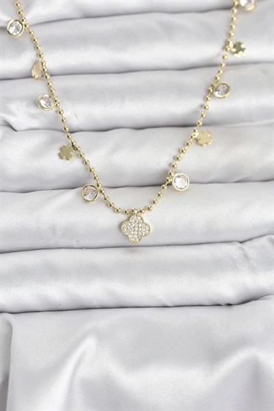 Mey İthalat® Pirinç Gold Renk Yonca Model Kadın Kolye