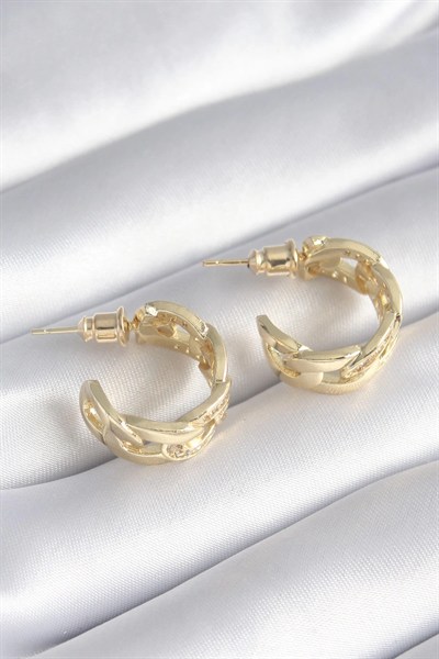 Mey İthalat® Pirinç Gold Renk Zirkon Taş Detay Zincir Model Kadın Küpe