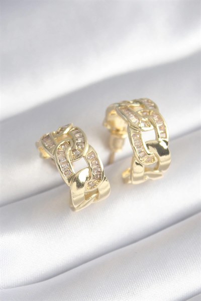 Mey İthalat® Pirinç Gold Renk Zirkon Taş Detay Zincir Model Kadın Küpe