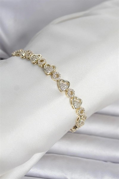 Mey İthalat® Pirinç Gold Renk Zirkon Taşlı Kalp Model Kadın Bileklik