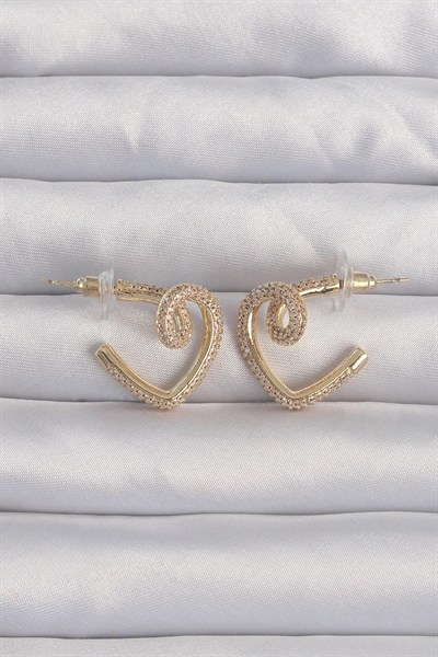 Mey İthalat® Pirinç Gold Renk Zirkon Taşlı Kıvrımlı Yarım Kalp Küpe