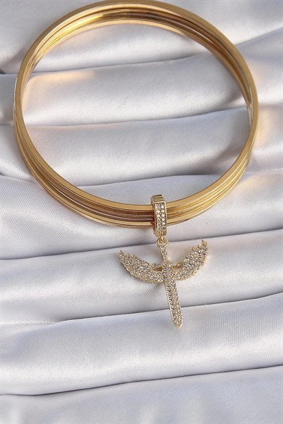 Mey İthalat® Pirinç Gold Renk Zirkon Taşlı Mikail Model Ajda Charm