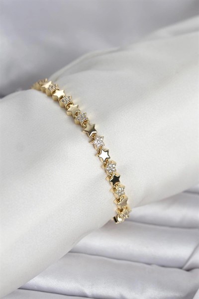 Mey İthalat® Pirinç Gold Renk Zirkon Taşlı Yıldız Model Kadın Bileklik